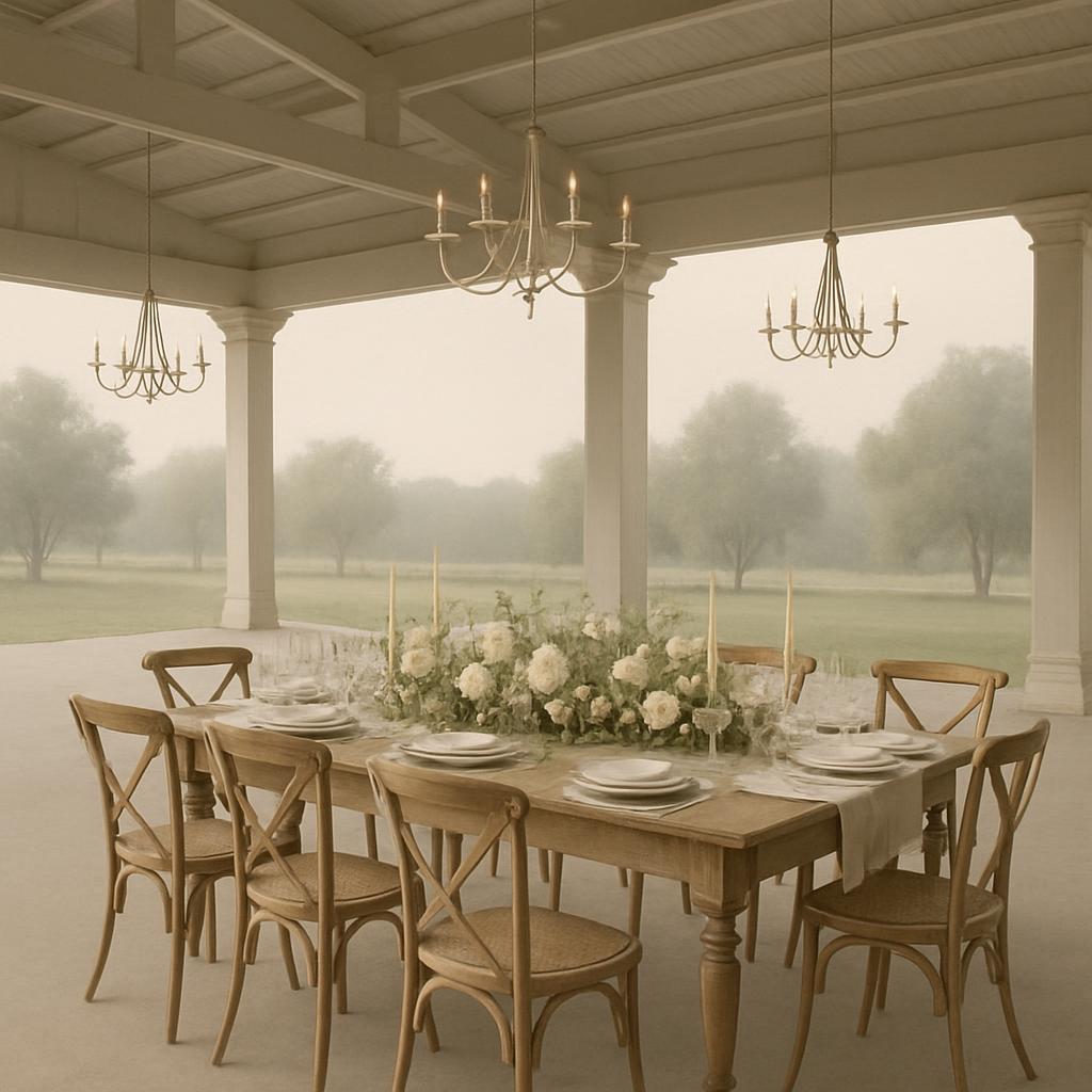 A large dining table with a tablecloth, plates, wine glasses, and a centerpiece, surrounded by light wooden chairs on a co...